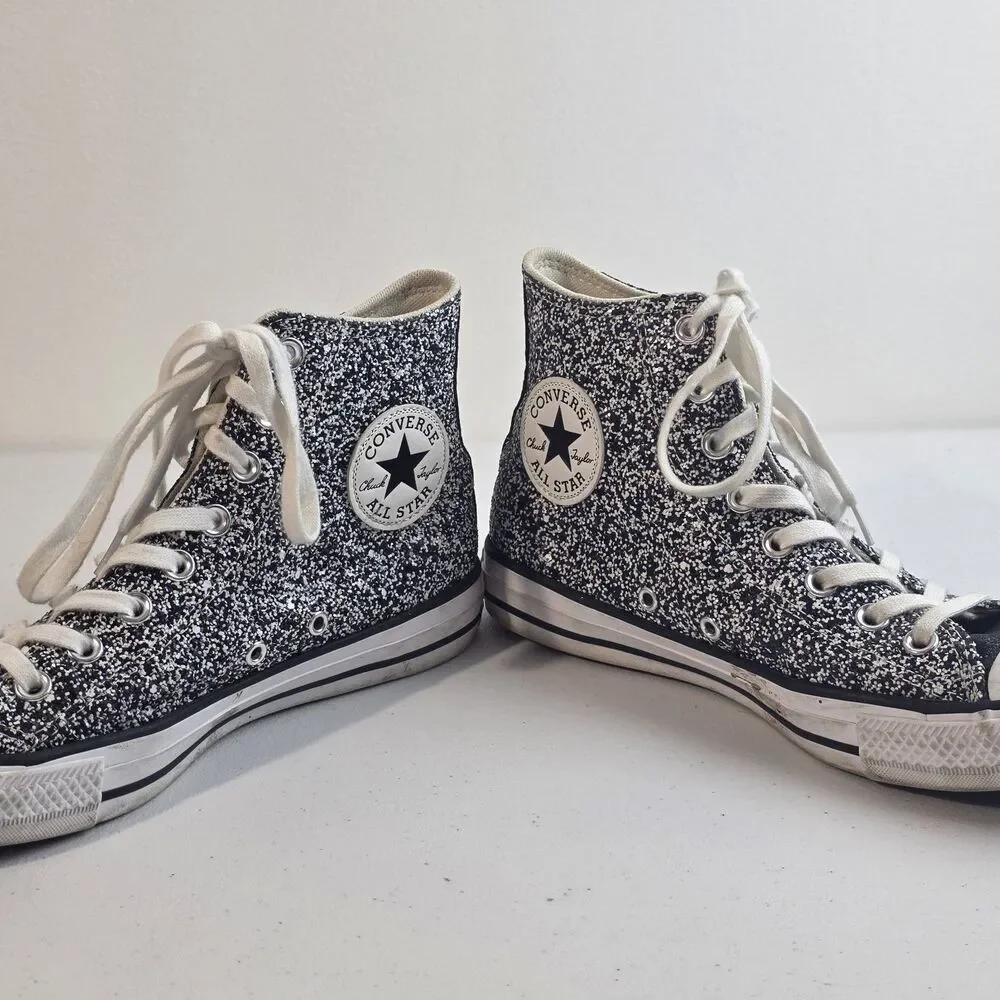 Converse Platform High Top Sneakers Chuck Taylor Glittery Silver Black Womens 9 - Picture 2 of 8